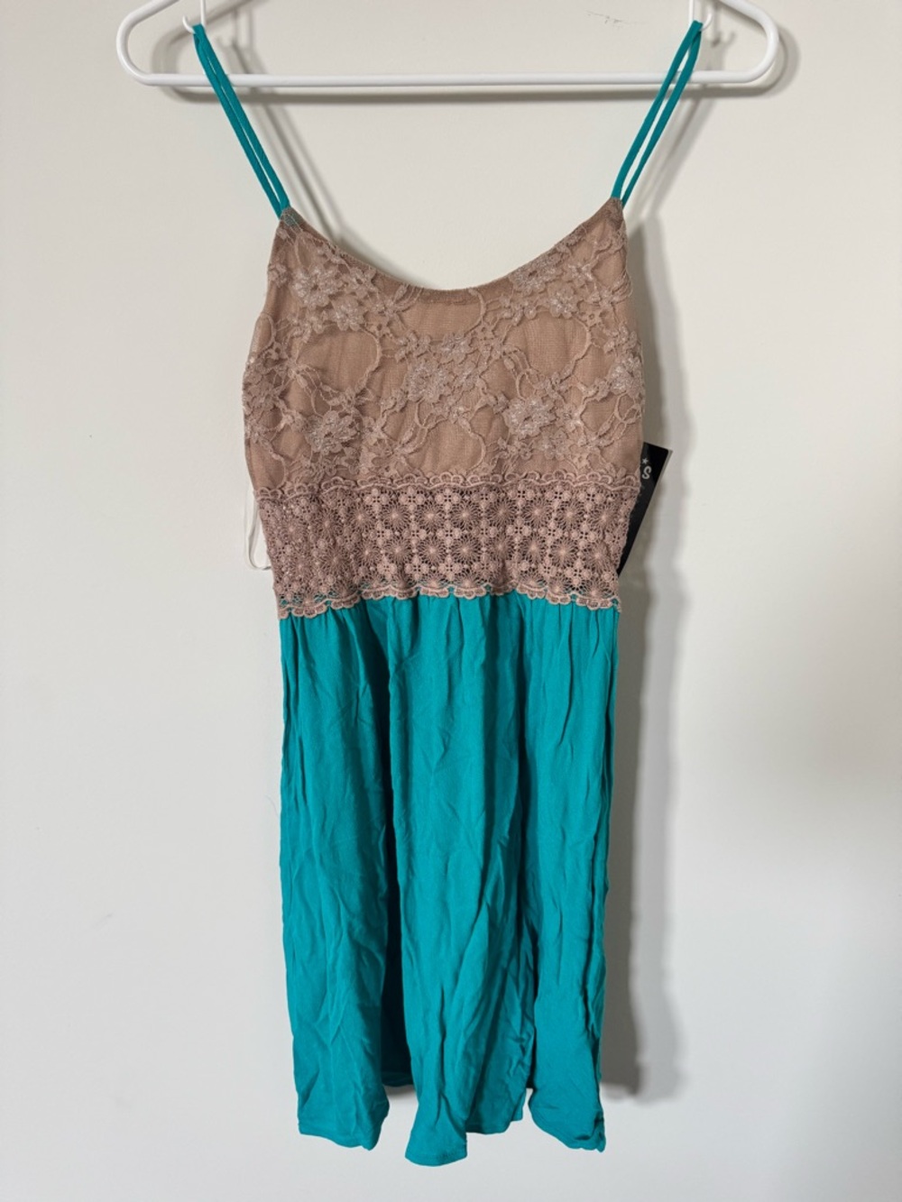 🆕 NWT Lulus Lace & Crochet Bodice Spaghetti Strap Dress in Taupe & Teal Size S